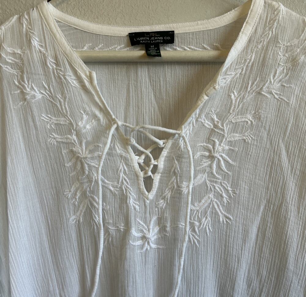 Ralph Lauren white Embroidered Sheer Blouse Fairy Coverup Tunic Peasant Med